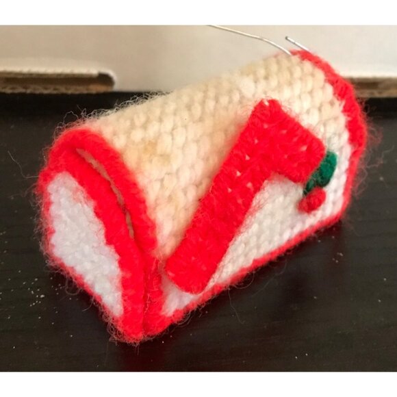 Handcrafted Red & White Yarn Mailbox Ornament Embroidered Detail Plastic Canvas - Picture 2 of 6